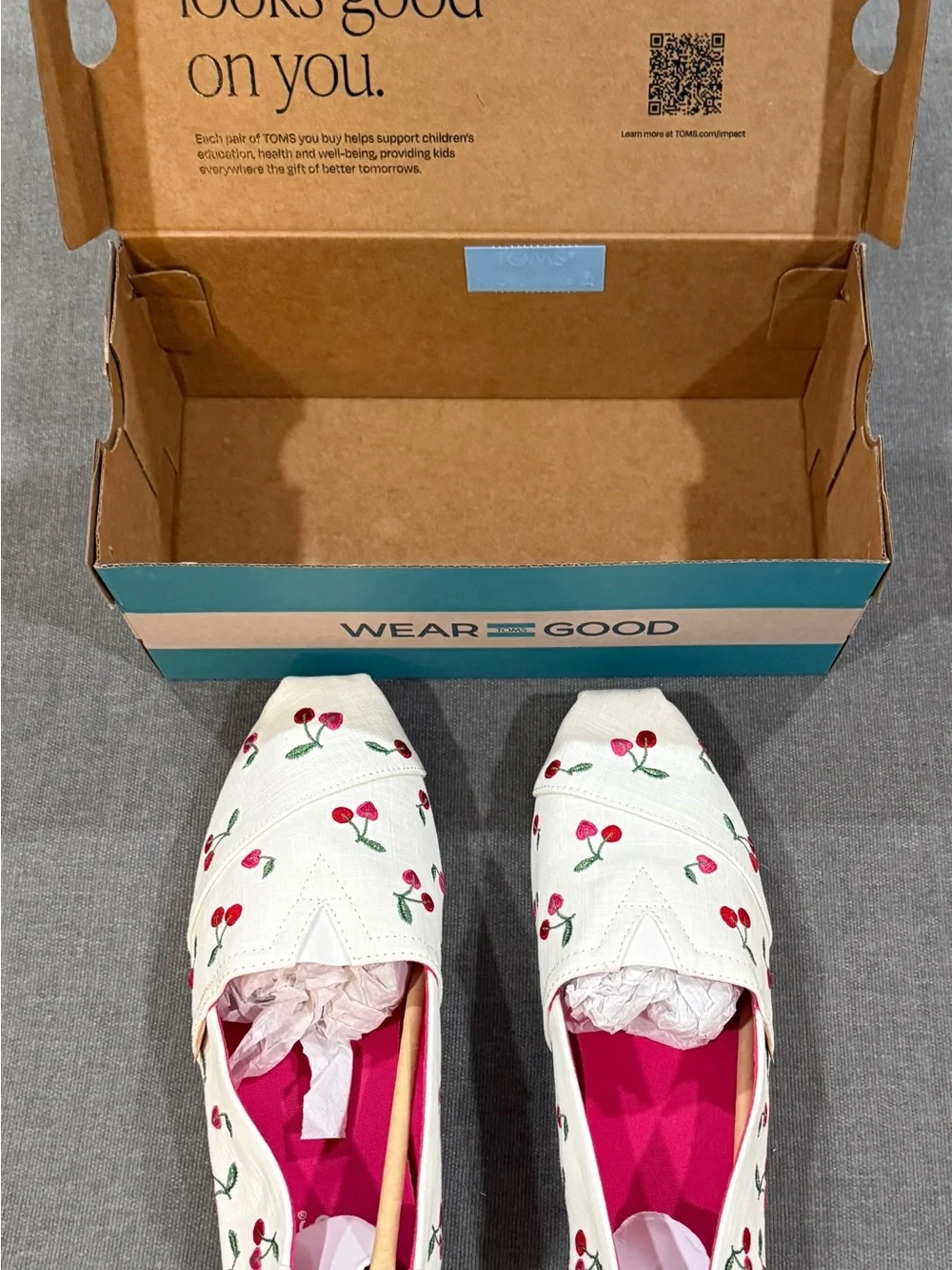 TOMS White Cherry Embroidered Alpargata Slip-On Flats